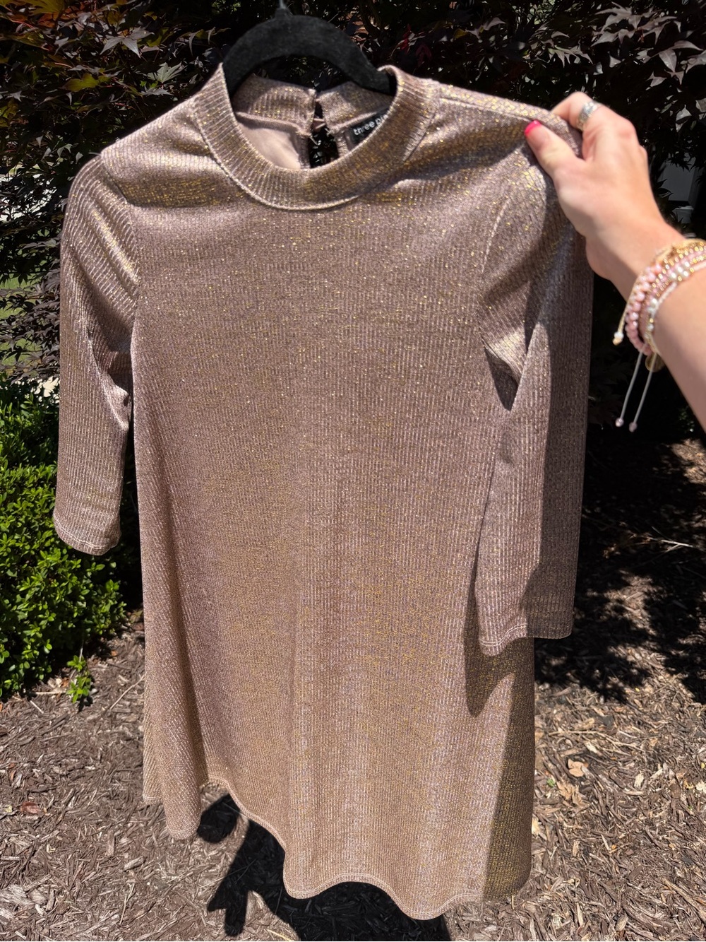 Three Pink Hearts Metallic Taupe Long Sleeve Dress